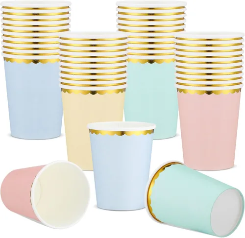 Uiifan 40 tazas de papel pastel de 9 onzas con borde dorado metálico, tazas de café desechables de colores para bebidas, bodas, suministros de