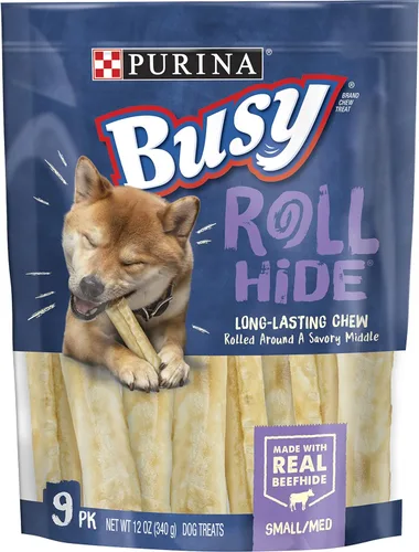 Purina Busy Huesos de perro de raza mediana y mediana de cuero crudo, piel enrollable, bolsa de 9 qt
