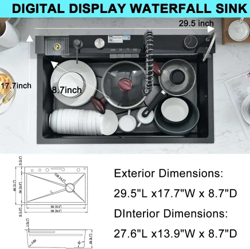Miniatura 7 de Fregadero de cocina de cascada negro de 30 pulgadas con grifo extraíble, fregadero de cascada de 30 x 18 pulgadas, pantalla digital negra