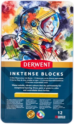 Miniatura 2 de Derwent Inktense Blocks - Juego de 12 bloques en caja metálica, bloque de 8mm, textura suave, soluble en agua, ideal para acuarela, ilustrar