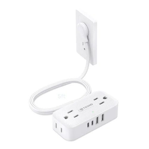 TROND Regleta de alimentación de enchufe plano de 5 pies, cable de extensión plano pequeño con múltiples tomas, 4 puertos de CA y 4 puertos USB (2