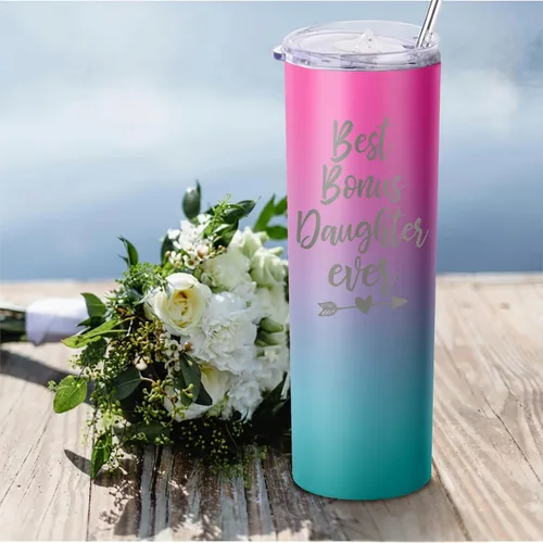 Miniatura 2 de Gift for Bonus Daughter or Daughter In Law, 20 oz Skinny Tumbler for her, Happy Birthday Day Presents from Bonus Mom or Bonus Dad Cup with Lid Straw