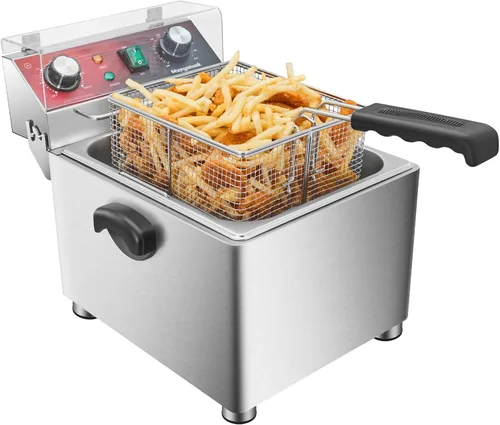 Mvegoiuok Freidora Eléctrica de Inmersión con Canasta y Tapa 1800W Freidora Comercial de Inmersión con Filtración de Aceite para Uso Doméstico y