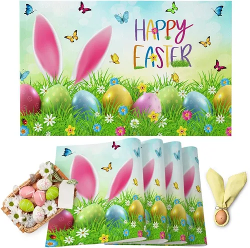 Miniatura 18 de Juego de 4 manteles individuales con diseño floral de conejo de Pascua, manteles individuales lavables para cocina, mesa de comedor, manteles