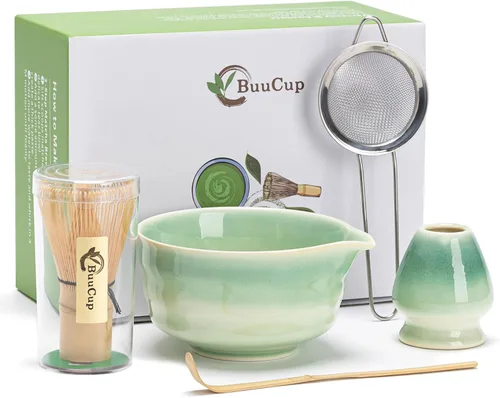 Miniatura 10 de Buucup Juego de matcha, 5 piezas de aguacate verde matcha con cuenco en forma de corazón con boquilla, batidor de bambú, cuchara, tamiz y soporte