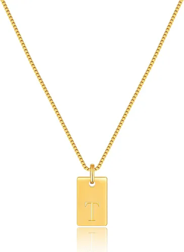 Poxtex Gold Initial Necklaces for Women Non Tarnish, 14K Gold Dainty Square Letter Pendant Necklace Waterproof A-Z Trendy Thin Chain Name Necklace