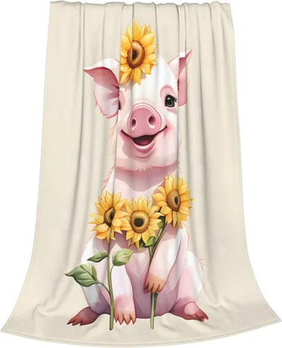 Miniatura 2 de Manta Linda con Diseño de Cerdito y Girasol, Regalos para Adultos y Niños, Manta de Franela de Dibujos Animados, Cerdito y Lechón, Suave, Cómoda