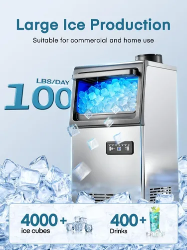 Miniatura 2 de Máquina comercial para hacer hielo, 100 libras/24 horas, máquina de hielo independiente y debajo del mostrador con 2 entradas de agua, 40