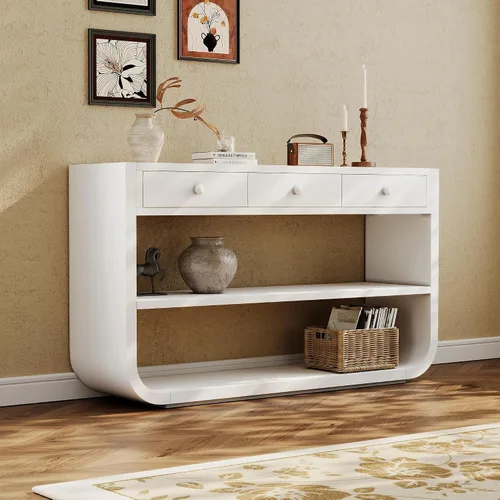 Miniatura 16 de 50" Modern Art Sculptural Console Table, Oval Cutout Legs, Wood Veneer, Thick Rounded Tabletop, Contemporary Entryway Sofa Table for Living Room