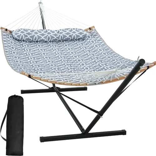 Miniatura 15 de SUNCREAT Hamaca doble con soporte incluido, hamaca portátil con soporte y almohada grande, rayas azules