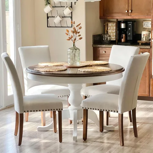 COLAMY Juego de 4 sillas de comedor tapizadas Parsons, sillas laterales de tela para comedor y cocina con ribete de cabeza de clavo y patas de Beige