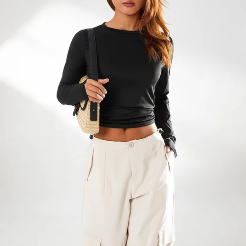 Miniatura 2 de Camiseta básica sexy para mujer, cuello redondo, manga larga, ajustada, color liso, ropa de calle