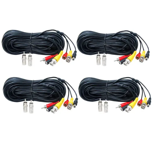 Paquete de 4 cables de alimentación para cámara de seguridad de 50 pies, cable de alimentación de audio y video, todo en uno, BNC RCA, cable de