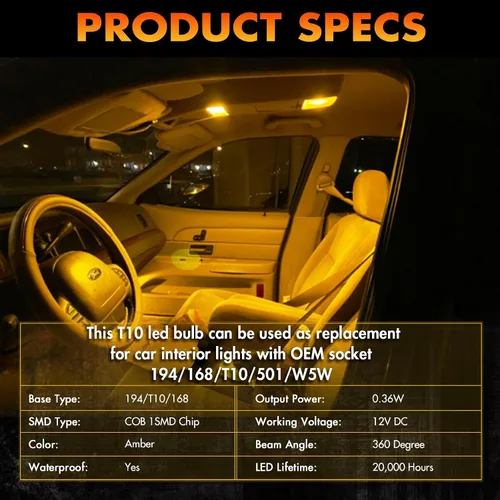 Miniatura 3 de Alopee Paquete de 30 bombillas LED 194 ámbar acrílico T10 bombilla LED ámbar DC 12V luces interiores de coche para 194 168 T10 2825 W5W marcador