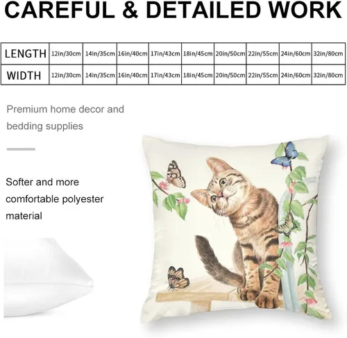 Miniatura 2 de Fundas de almohada con diseño de mariposa de gato de 20 x 20 pulgadas, bonito patrón de dibujos animados, fondo beige, para decoración del hogar