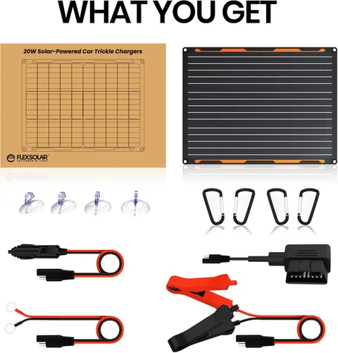 Miniatura 7 de FlexSolar Kit de mantenimiento de cargador de batería de panel solar de 20 W 12 V, cargador de goteo con controlador de carga integrado, encendedor