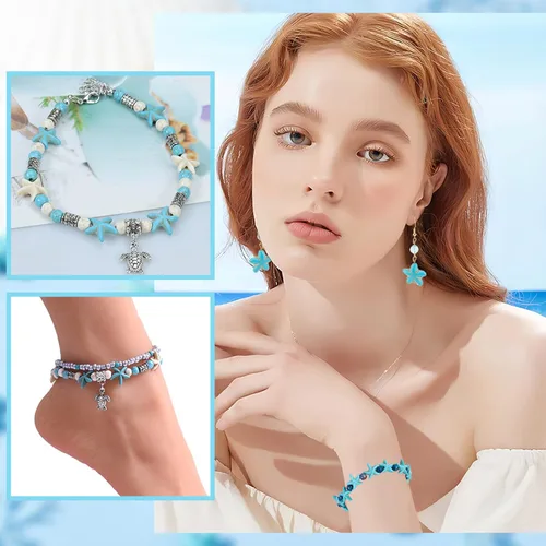 Miniatura 7 de Arricraft Alrededor de 118 cuentas de turquesa, 2 estilos de estrellas de mar sintéticas turquesa estrella de mar dijes para hacer pulseras