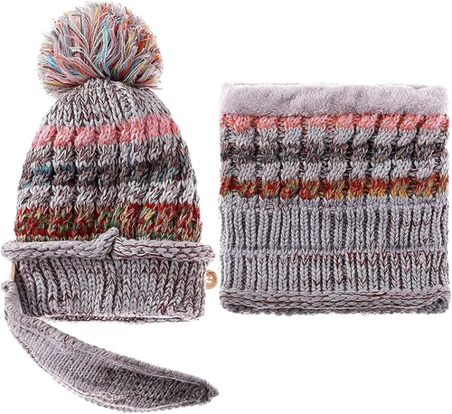 Miniatura 5 de Gorro de invierno para mujer con forro polar y solapas para las orejas con pompón bufanda y máscara cálido suave y holgado