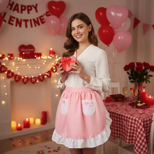 Miniatura 17 de Geyoga Delantales para mujeres con bolsillos Cocina Cocinando Camarera Sirvienta Delantal Falda Vintage Lindo Volantes Vestido Disfraz, Blanco