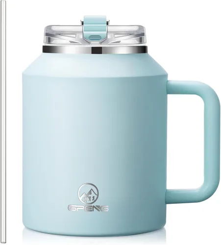 Miniatura 19 de Gpeng 30/40/50 oz Vaso con asa, botellas de agua con tapa de popote, taza de viaje de acero inoxidable aislada compatible con portavasos, mantiene