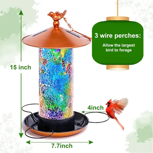 Miniatura 3 de XDW-GIFTS Comedero solar de mosaico, forma de linterna impermeable con gancho y 4 luces LED, decoración de jardín para césped, patio, balcón, adorno