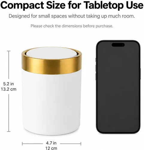 Miniatura 4 de Mini bote de basura con tapa, 1.5 litros/0.4 galones, pequeño cubo de basura de metal con tapa abatible para escritorio, cafetería, tocador, baño