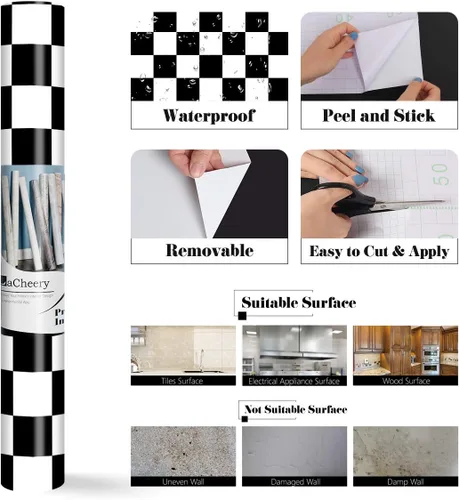 Miniatura 7 de LaCheery Papel tapiz a cuadros de 12 x 317 pulgadas, papel de contacto blanco y negro para encimeras, papel de contacto a cuadros impermeable, papel