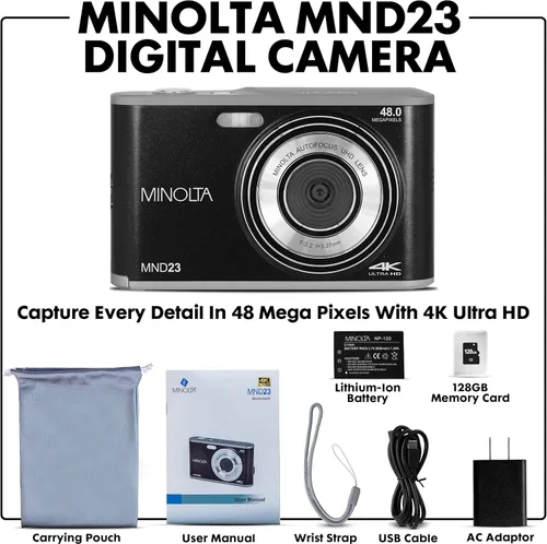 Miniatura 2 de Minolta Cámara digital de 48 megapíxeles con lente selfie trasera – Vídeo 4K Ultra HD, pantalla LCD de 2.8", zoom digital 16X