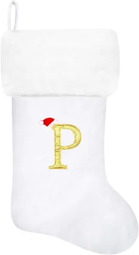Miniatura 124 de Calcetines de Navidad bordados de 20 pulgadas con monograma, terciopelo negro con puño de felpa blanca supersuave, adornos clásicos para decoración