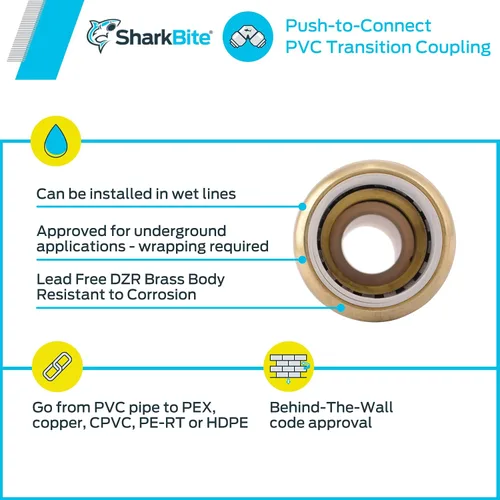 Miniatura 6 de Shatg #Sharkbite acoplamiento de transición de PVC de 1/2” Cts x 1/2"., UIP4016A, 0 volts
