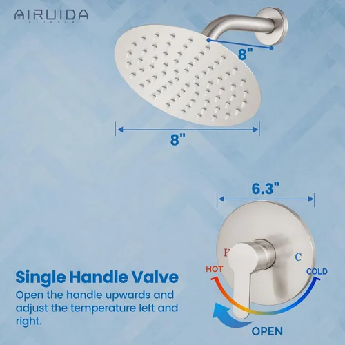 Miniatura 4 de Airuida Juego de grifo de ducha, cabezal de ducha de lluvia redondo de 8 pulgadas, kit de acabado de ducha SUS304 de acero inoxidable con mango