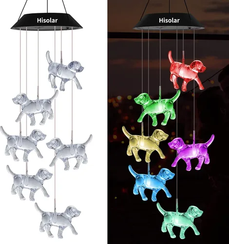 Campanillas de Viento Solares de Cristal de Perro para Exteriores que Cambian de Color Luces Solares Móviles LED Campanillas de Viento con Energía