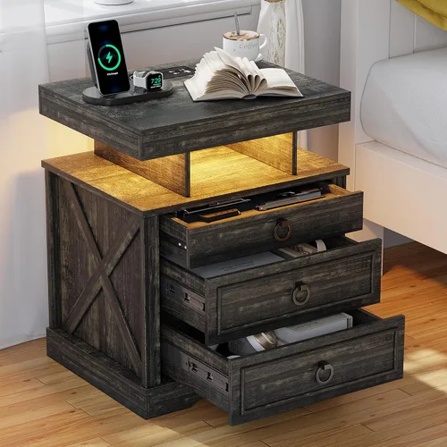 Miniatura 17 de HNEBC Mesita de noche con cajones para armas, mesita de noche de granja con estación de carga, mesita de noche secreta con luz automática de 3