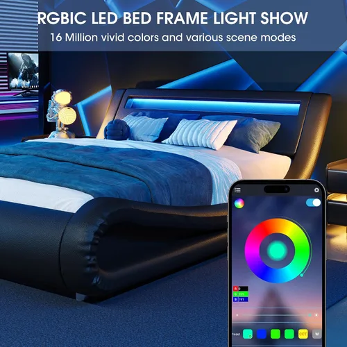 Miniatura 5 de WEEWAY Moderno marco de cama matrimonial con cabecera de luces LED RGBW, diseño de trineo tapizado de perfil bajo, soporte de listones de madera