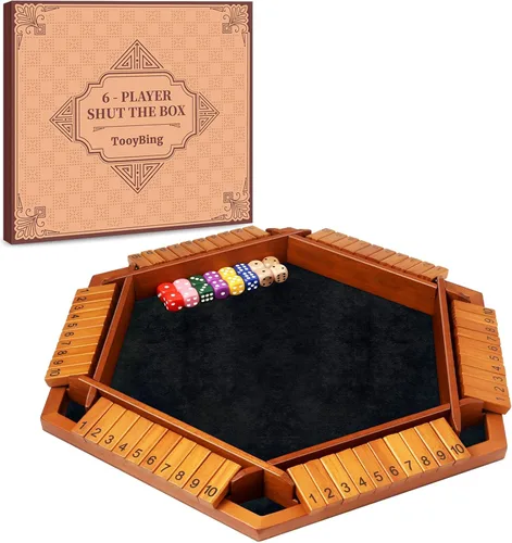 TooyBing - Juego mejorado de dados Shut The Box, juego de mesa de madera para la familia de 1 a 6 jugadores para niños y adultos con 16 dados, juego