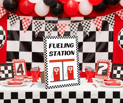 Miniatura 3 de Decoraciones de fiesta de cumpleaños de coche de carreras, letrero de estación de combustible, decoraciones de cumpleaños rápidos uno y dos, placa