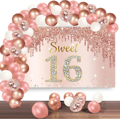 Miniatura 12 de Cartel de feliz cumpleaños número 10 con arco de guirnalda de globos de confeti, juego de globos de oro rosa para niñas, póster rosa de cumpleaños