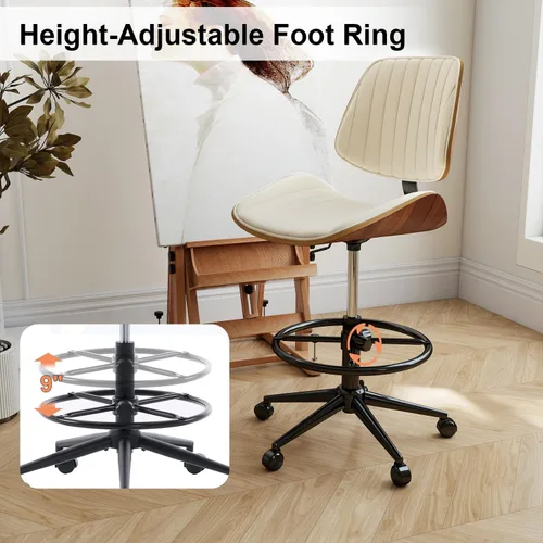Miniatura 5 de Silla de dibujo, silla de oficina ergonómica con respaldo de madera de nogal, silla de escritorio de piel sintética sin brazos con altura ajustable