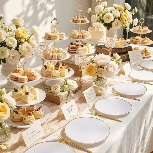 Miniatura 5 de Rubtlamp 200 piezas de platos de postre de plástico dorado, platos de aperitivo blancos con tenedores desechables dorados, elegantes platos pequeños