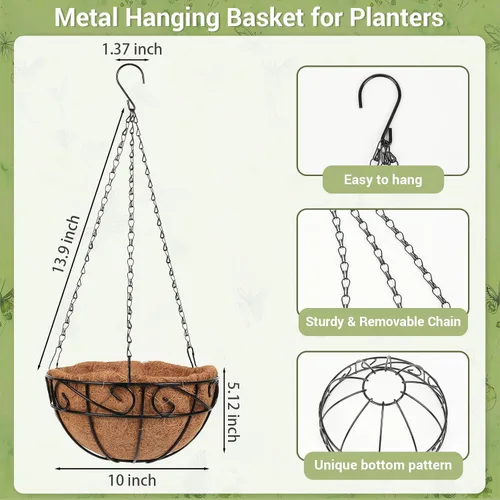 Miniatura 2 de Paquete de 2 cestas colgantes de metal de 10 pulgadas para plantas al aire libre, macetas colgantes con forro de coco, cestas colgantes para jardín