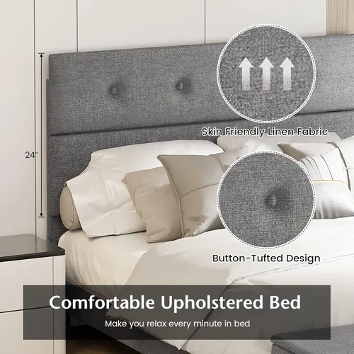 Miniatura 2 de Giantex Base de cama matrimonial con almacenamiento otomano, base de cama tapizada de lino con cabecero capitonado con botones y 4 patas de soporte