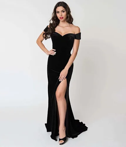 Miniatura 3 de RYANTH Vestido de fiesta de terciopelo de sirena para mujer, con hombros descubiertos, vestido de noche con abertura, vestido de cóctel RPM111