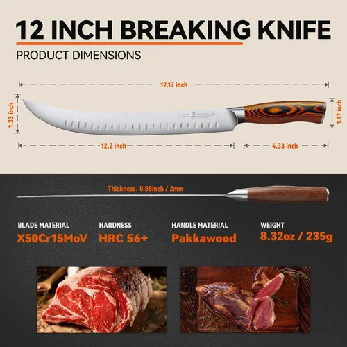 Miniatura 3 de TUO Cuchillo de carnicero – Cuchillos de carnicero de 12 pulgadas con borde de Granton curvado para cortar carne y verduras – Mango de madera