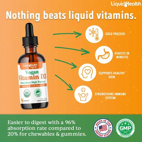 Miniatura 2 de LIQUIDHEALTH Vitamina D3 4000 UI, gotas líquidas orgánicas de vitamina D USDA para adultos y niños, vitamina D vegana para apoyo del sistema