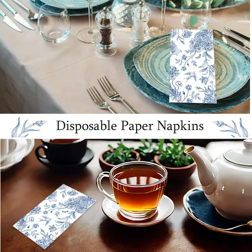 Miniatura 5 de Tatuo 200 piezas de servilletas de papel azul floral, toallas de mano desechables para baño, servilletas decorativas para invitados, papel