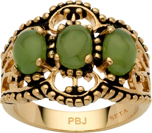 PalmBeach - Anillo de 3 piedras de jade verde genuino chapado en oro amarillo antiguo con forma ovalada, tallas 5-10