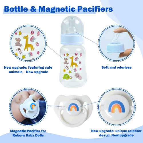 Miniatura 4 de SCOM Juego de Accesorios para Muñeca Bebé Reborn - Chupetes Magnéticos Arcoíris y Biberones para Muñeca Bebé Removibles Reutilizables con Clips