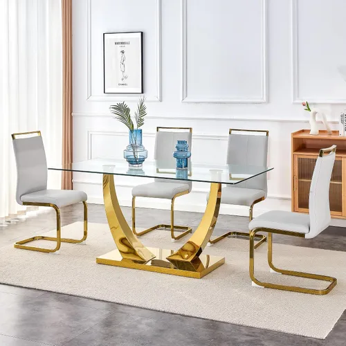 Miniatura 10 de Juego de mesa de comedor de cristal moderno para 4 personas con tapa rectangular de vidrio y 4 sillas de comedor negras de piel sintética, mesa