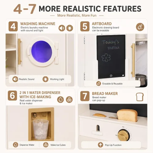 Miniatura 3 de Conjuntos Grandes de Cocina de Madera de Esquina para Jugar con Máquina de Hielo, Dispensador de Agua, Panificadora, Lavadora, Pantalla Electrónica