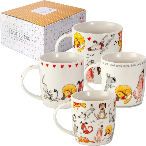 SPOTTED DOG GIFT COMPANY Tazas para perros, juego de 4 tazas de café de 12 onzas, divertidas tazas de té de cerámica con temática de perros, aptas